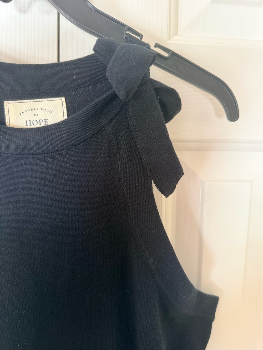 Hope & Henry Minimalist Black Midi Body Con Dress with Bow on Shoulder - Picture 3 of 5